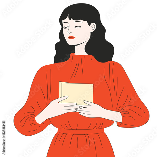 Illustration of a Woman in Red Dress Holding a Book with Closed Eyes in a Timeless Romantic Scene Featuring Classic Art and Casual Design