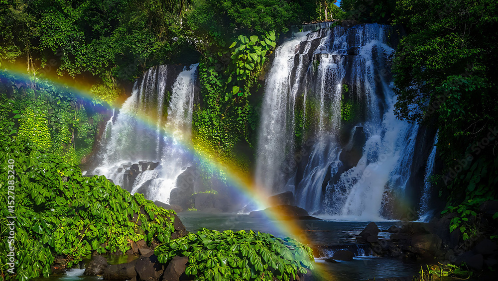 Obraz premium Majestic waterfall cascading through lush greenery with a vibrant rainbow displaying the beauty of nature and its phenomenal.