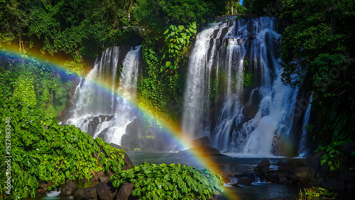 Majestic waterfall cascading through lush greenery with a vibrant rainbow displaying the beauty of nature and its phenomenal.