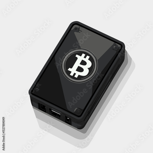 Isometric Black and White Pixelated Bitcoin Hardware Wallet Isolated on White Background for Secure Cryptocurrency Storage