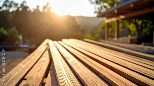 Wooden planks of a deck bathed in warm sunlight, creating a serene outdoor atmosphere surrounded by green trees on the horizon.