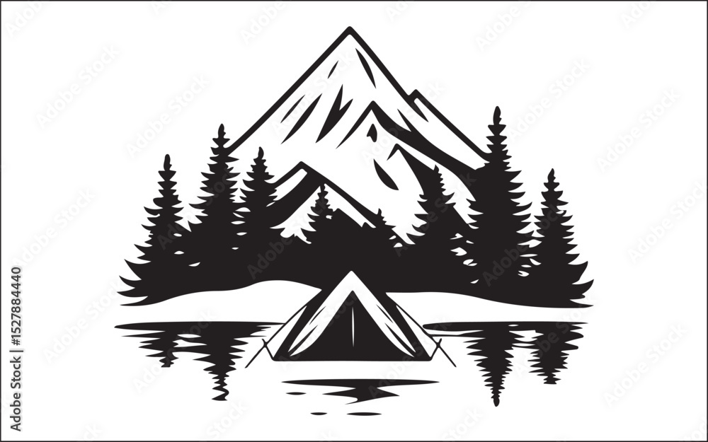 Obraz premium Mountain Camping Silhouette Scene Hiker, Tent, and Pine Trees Vector Art