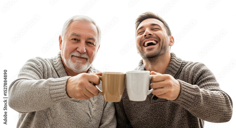 Happy father and son laughing, clinking coffee mugs, symbolizing intergenerational bonding and genuine connection, ideal for Father's Day, lifestyle, beverage, Happy father and son laughing, clinking coffee mugs, symbolizing intergenerational bonding and genuine connection, ideal for Father's Day, lifestyle, beverage,