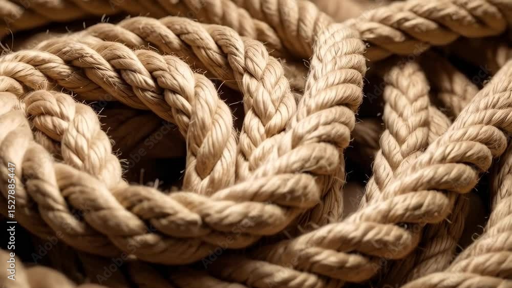 Detailed view of natural fiber rope coiled, showing intricate weave and texture; close-up of thick, braided cord creating layered composition. Detailed view of natural fiber rope coiled, showing intricate weave and texture; close-up of thick, braided cord creating layered composition.
