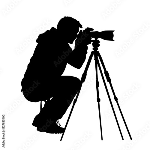 a black and white silhouette of a man taking a picture with a camera black, camera, man, photo, photographer, picture, silhouette, tripod , Generative art.