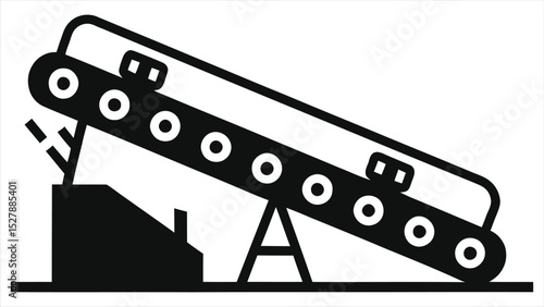 Vector Silhouette of an industrial conveyor belt system./A black and white graphic depicts a conveyor belt system.