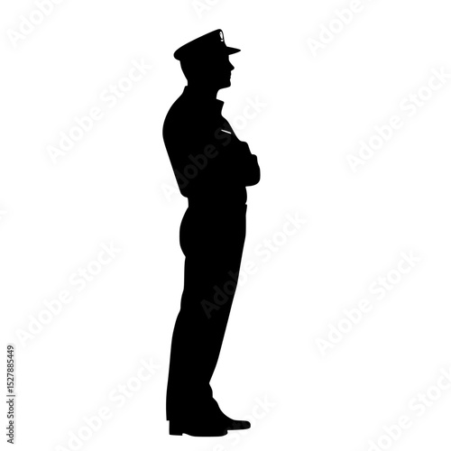 a black silhouette of a police officer in uniform black, hat, man, police officer, silhouette, stand, uniform , Generative art.