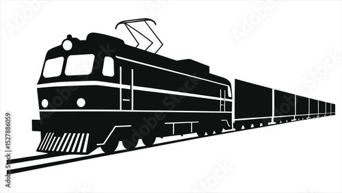 Vector Silhouette of a Freight Train on Tracks/A simple, bold silhouette of a freight train moving along railway tracks.