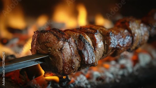 Close-up of Brazilian barbecue, with juicy grilled meat on a skewer over hot flames and glowing embers.