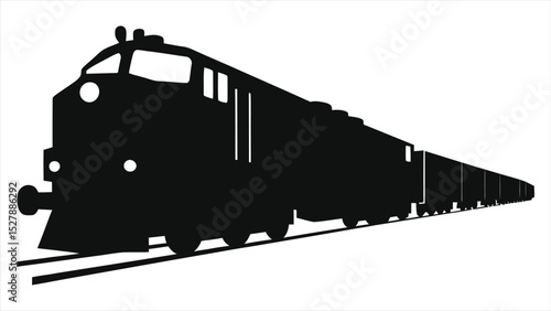 Vector Silhouette of a Freight Train on Tracks/A simple, bold silhouette of a freight train moving along tracks.