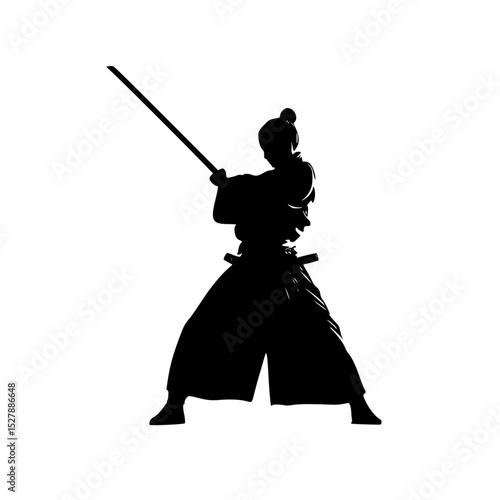 a black silhouette of a warrior with a sword black, hold, silhouette, sword, warrior, woman , Generative art.