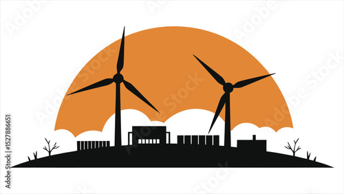 Vector Silhouette illustration of wind turbines and buildings at sunset/A simple silhouette illustration showcasing wind turbines and buildings situated on a landscape under a stylized sunset.