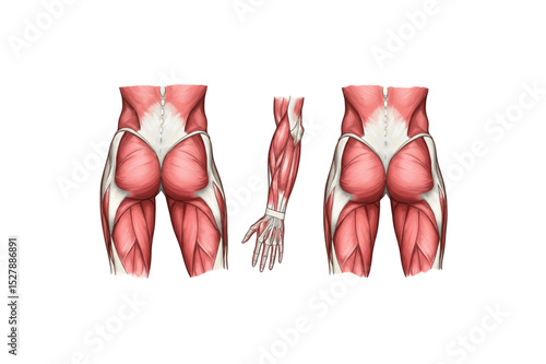 Detailed anatomical drawing of human buttocks and arm muscles perfect for medical education charts, fitness publications, or athletic branding designs.