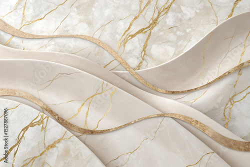 Fototapeta Naklejka Na Ścianę i Meble -  Sculptural 3D background with flowing beige waves over a white and gold marble texture. A modern, luxury abstract wallpaper design generative ai