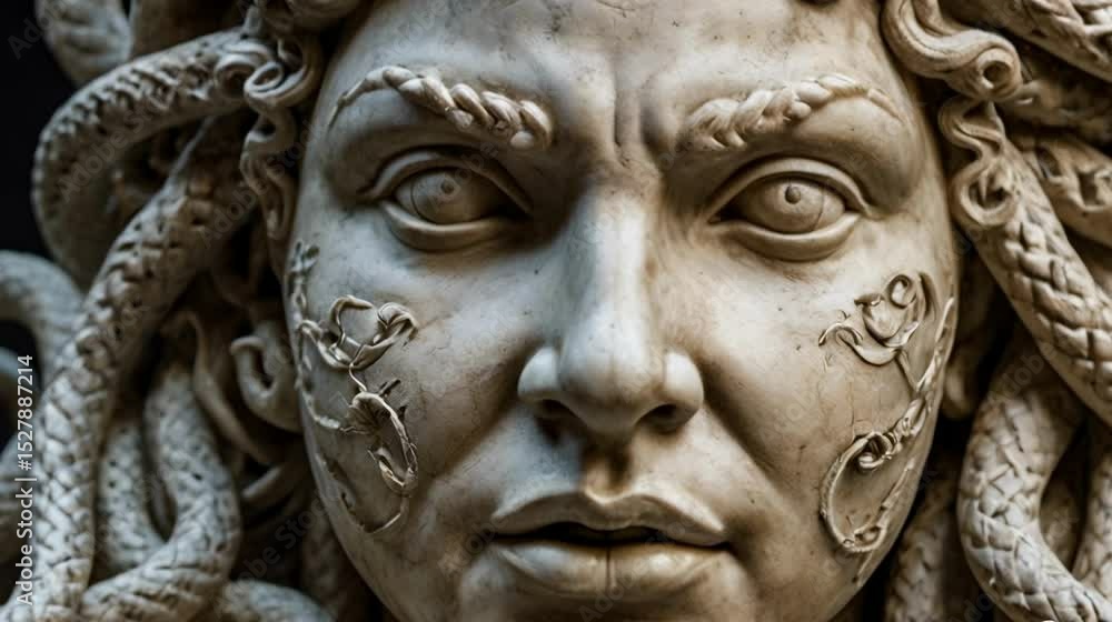 Medusa's Gaze: A detailed close-up of a marble sculpture showcases Medusa's iconic face, with intricately carved serpentine hair and an intense, captivating stare, embodying both beauty and ferocity. Medusa's Gaze: A detailed close-up of a marble sculpture showcases Medusa's iconic face, with intricately carved serpentine hair and an intense, captivating stare, embodying both beauty and ferocity.