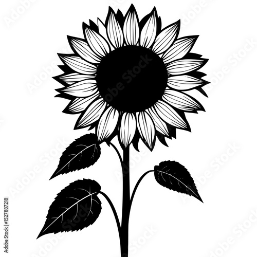 a black and white picture of a sunflower, in black and white black, flower, illustration, picture, silhouette, sunflower, white , Generative art.