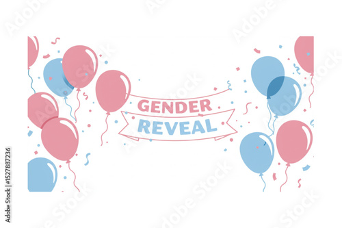 Vector invitation card template for baby gender reveal party. Color illustration with firecrackers and balloons on a white background.