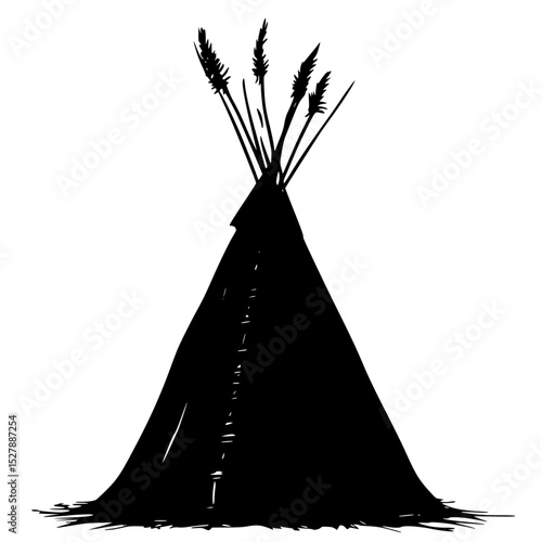a black silhouette of a teepee with grass and reeds black, grass, illustration, reed, road, silhouette , Generative art.