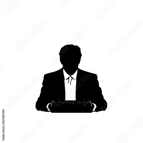 a black silhouette of a man wearing a suit and tie holding a keyboard black, business suit, businessman, computer keyboard, hold, keyboard, man, silhouette, sit, suit, tie, wear , Generative art.
