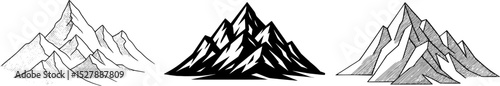 High-quality vector illustration of three distinct mountain peaks in varied artistic styles (sketch, bold strokes, intricate shading). Ideal for nature designs, outdoor branding, wilderness graphics