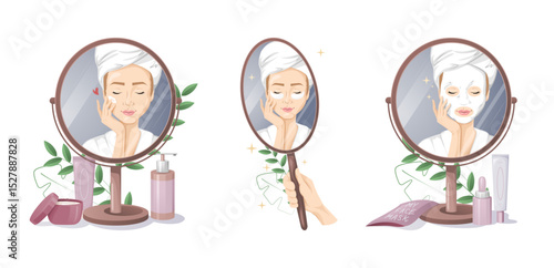 Woman doing skincare spa routine and reflecting in the mirror set