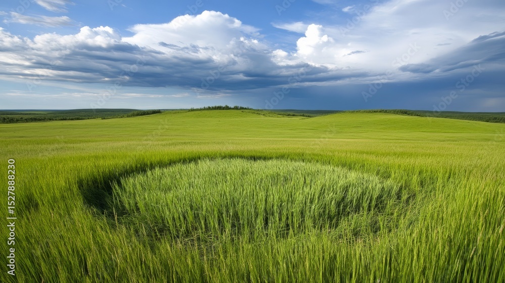 Fototapeta premium Wide green field with a circular patch under a partly cloudy sky