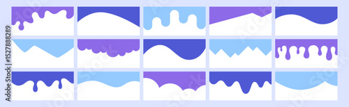 Blue separator header vector set. Section divider shapes for website or web page. Modern bottom or top border, wave headline design elements. Footers with curve lines, drops, drips on white background