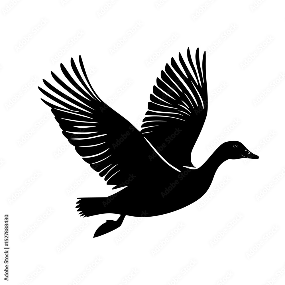 Naklejka premium black silhouette of a bird in flight, a goose flying bird, black, duck, flight, fly, goose, icon, silhouette, wing , Generative art.
