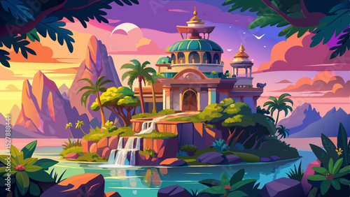 An Enchanting Island Palace, a Whimsical Architectural Marvel Adorned with Lush Vegetation and Vibrant Colors at Sunset Very beautiful
