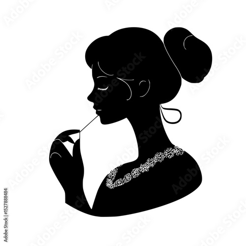 a black and white silhouette of a beautiful woman smoking a cigarette beautiful, black, cigarette, girl, illustration, mouth, silhouette, smoke, woman , Generative art.