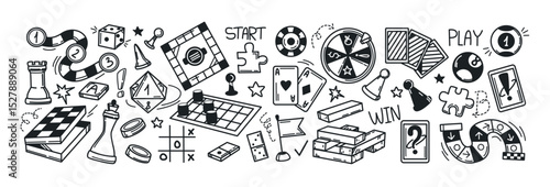 Board games doodles set. Hand drawn vector illustration sketch icons of cards, dice and pawns. Checkers, roulette, poker, domino, lotto, billiards and other gambling symbols. Family leisure concept