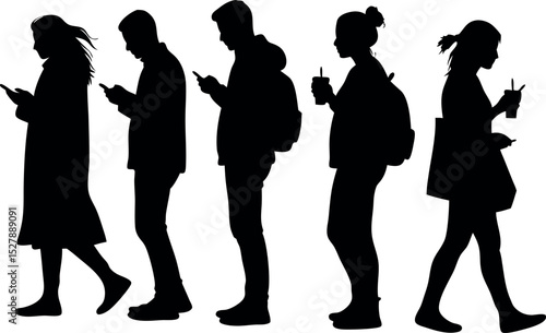 Silhouettes of Young Urban People Walking and Using Mobile Phones