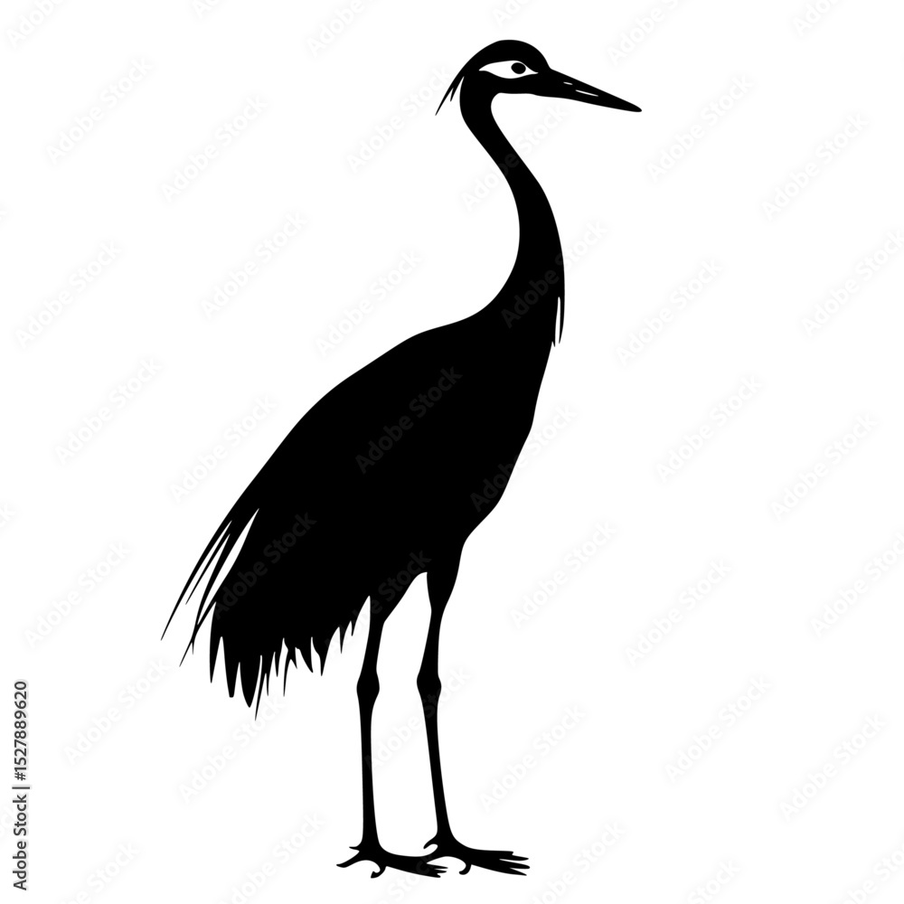 Obraz premium the black silhouette of a crane or heron with a long neck and legs bird, black, crane, heron, icon, illustration, leg, long, neck, silhouette, stand , Generative art.