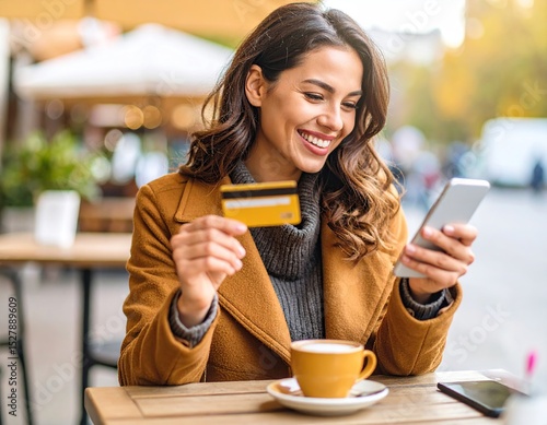 Woman using phone and credit card at outdoor cafe