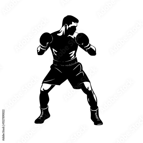 a silhouette of a boxer in a black and white style black, boxer, boxing glove, illustration, man, silhouette, style , Generative art.