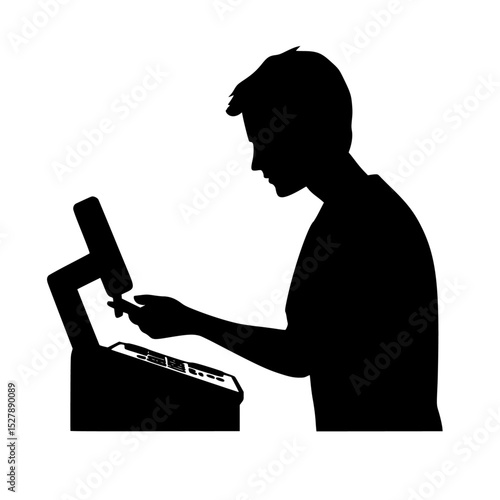a black silhouette of a man using a laptop black, computer, hammer, laptop, man, silhouette , Generative art.