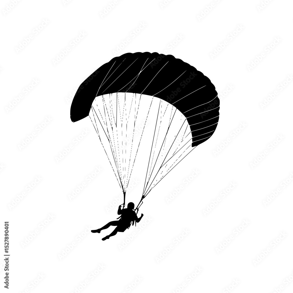 Obraz premium a black silhouette of a person parasailing on a white background black, man, parachute, person, silhouette , Generative art.
