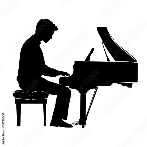 a black silhouette of a man playing a piano black, man, piano, play, silhouette, sit , Generative art.