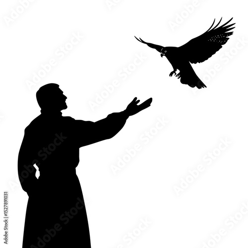 a black silhouette of a man releasing a pigeon from his hand bird, black, dove, fly, hand, man, person, pigeon, release, silhouette , Generative art.