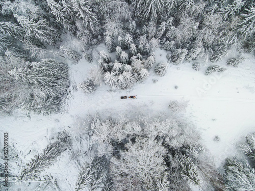 Fotografi An aerial view of snowmobiles on a snowy path through a snow covered winter fore