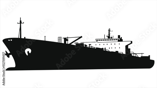 Simple black vector silhouette of a large tanker ship./This is a clean, bold silhouette of a large tanker ship against a neutral background.