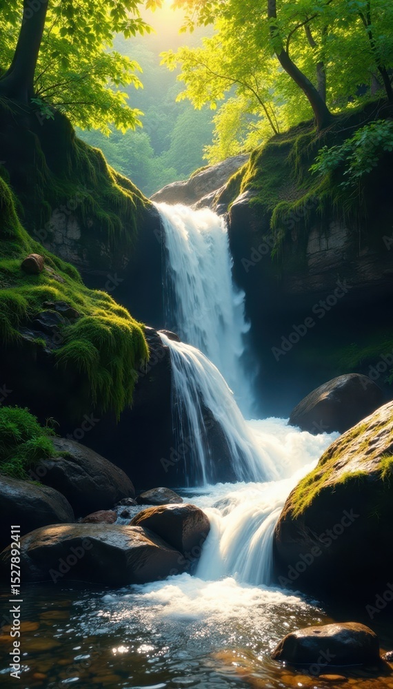 Fototapeta premium Sunlit cascade tumbles over moss-covered rocks , natural, outdoor, forest