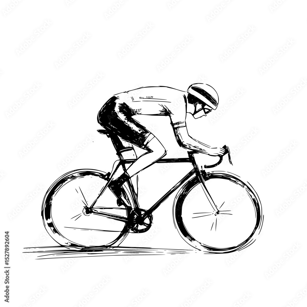 Obraz premium a black and white drawing or sketch of a person in a helmet riding a bicycle bicycle, bike, black, cyclist, drawing, helmet, illustration, man, person, ride, sketch , Generative art.
