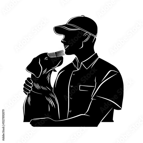 a black silhouette of a man holding a pipe in his mouth bag, black, dog, hold, man, mouth, pipe, silhouette , Generative art.