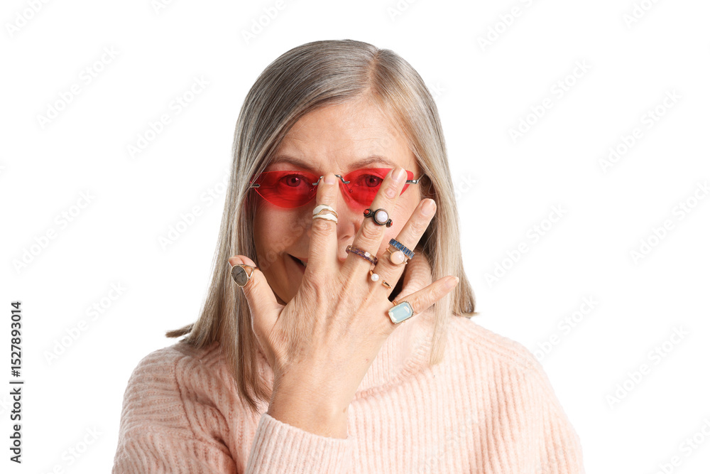 Senior woman wearing different rings and sunglasses on white background Senior woman wearing different rings and sunglasses on white background