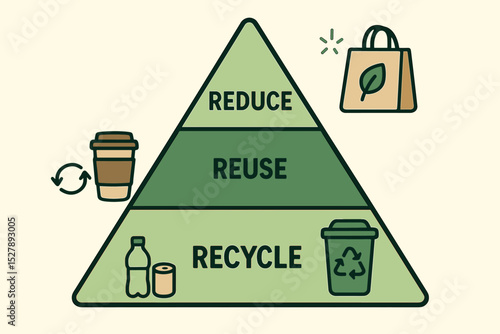 Waste management hierarchy pyramid with reduce, reuse, recycle. Eco friendly concept for sustainable living. Zero waste lifestyle and environmental protection vector illustration.