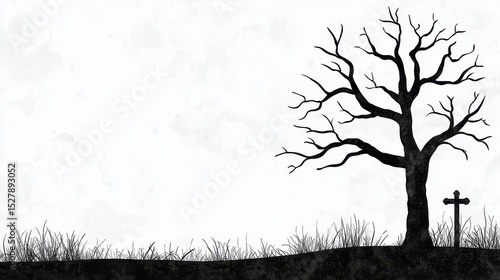 Barren Tree and Cross Silhouette in Black and White