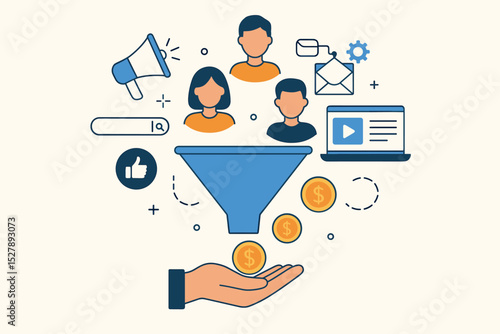 Digital marketing sales funnel vector illustration. Business concept for lead generation, customer acquisition, and conversion optimization. Inbound strategy with SEO and social media.