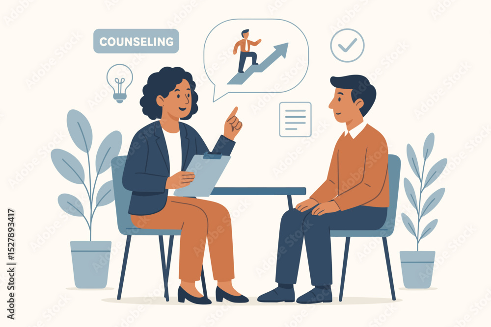 Fototapeta premium Career counseling and guidance illustration. Business coach or mentor helping a client with professional growth. Job consultation, human resources, and strategy for success vector.