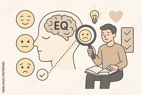 Emotional intelligence concept vector. Man with book analyzes feelings for self-awareness and personal growth. Psychology, mental health, EQ development. Understanding emotion.